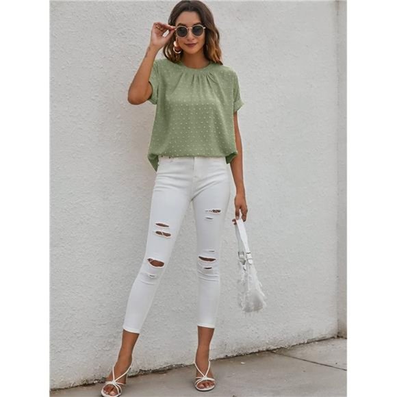 Women's Casual Swiss Dots Chiffon Ruffle Front Short Sleeve Work Office Blouse - Picture 6 of 6